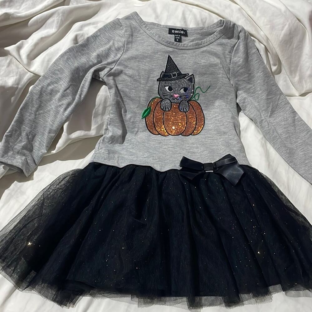 Zunie 5 drop waste grey long sleeve cat/pumpkin tulle skirt dress worn once euc